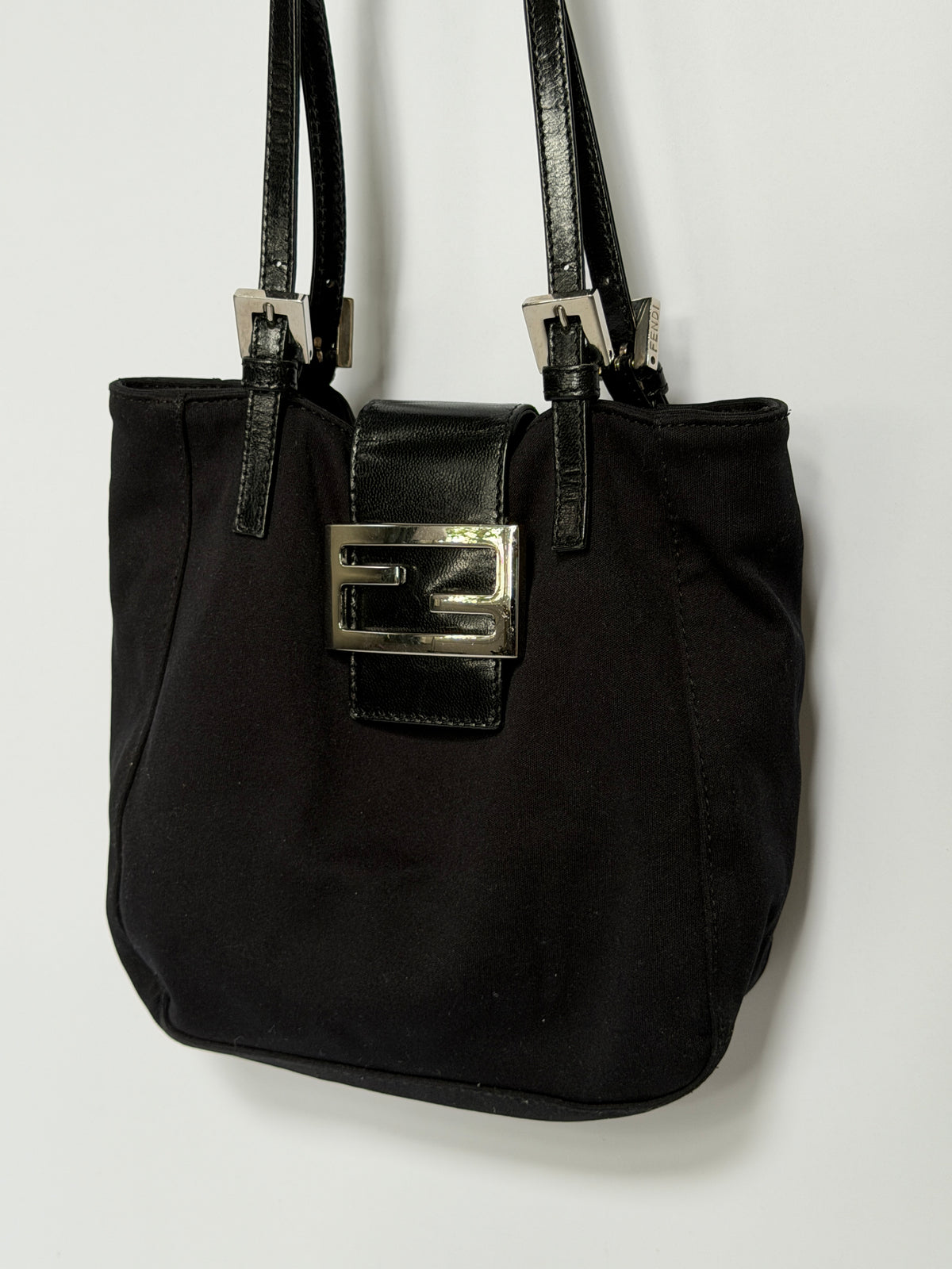 Small Black Mamma Bucket Bag with Silver Logo Buckle