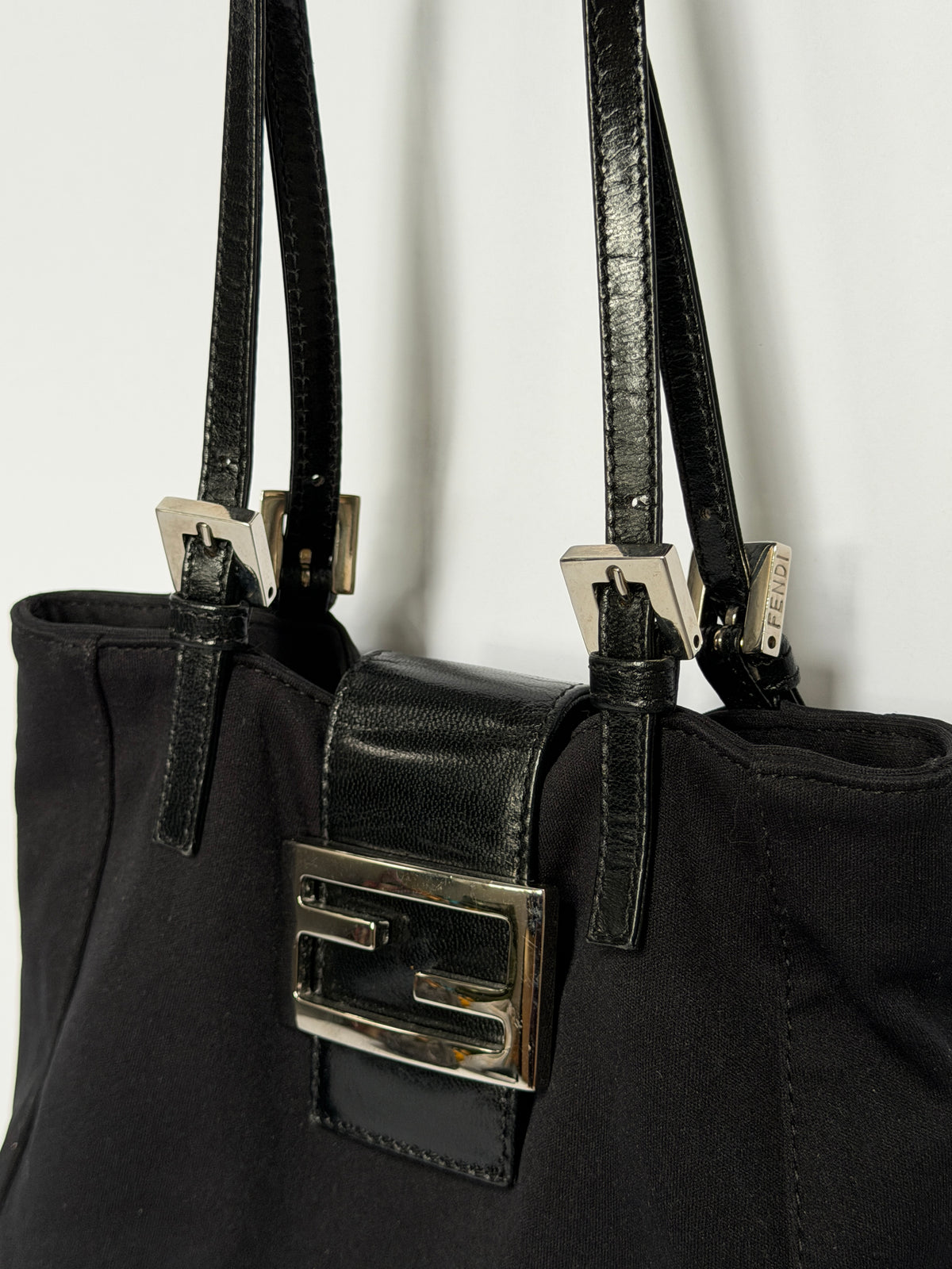 Small Black Mamma Bucket Bag with Silver Logo Buckle