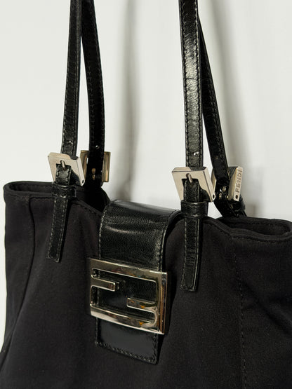 Small Black Mamma Bucket Bag with Silver Logo Buckle