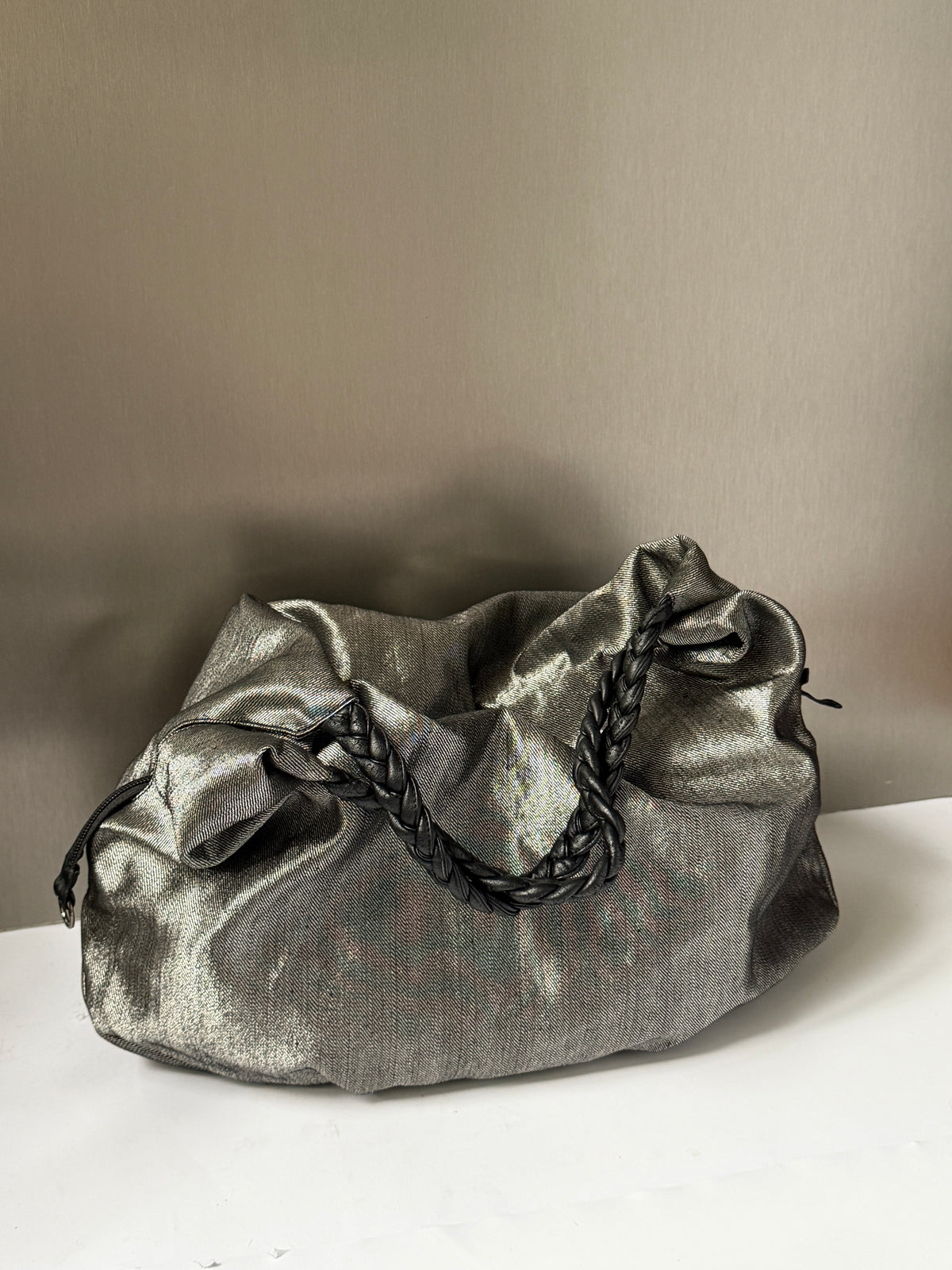 Metallic Fabric Tote with Braided Straps