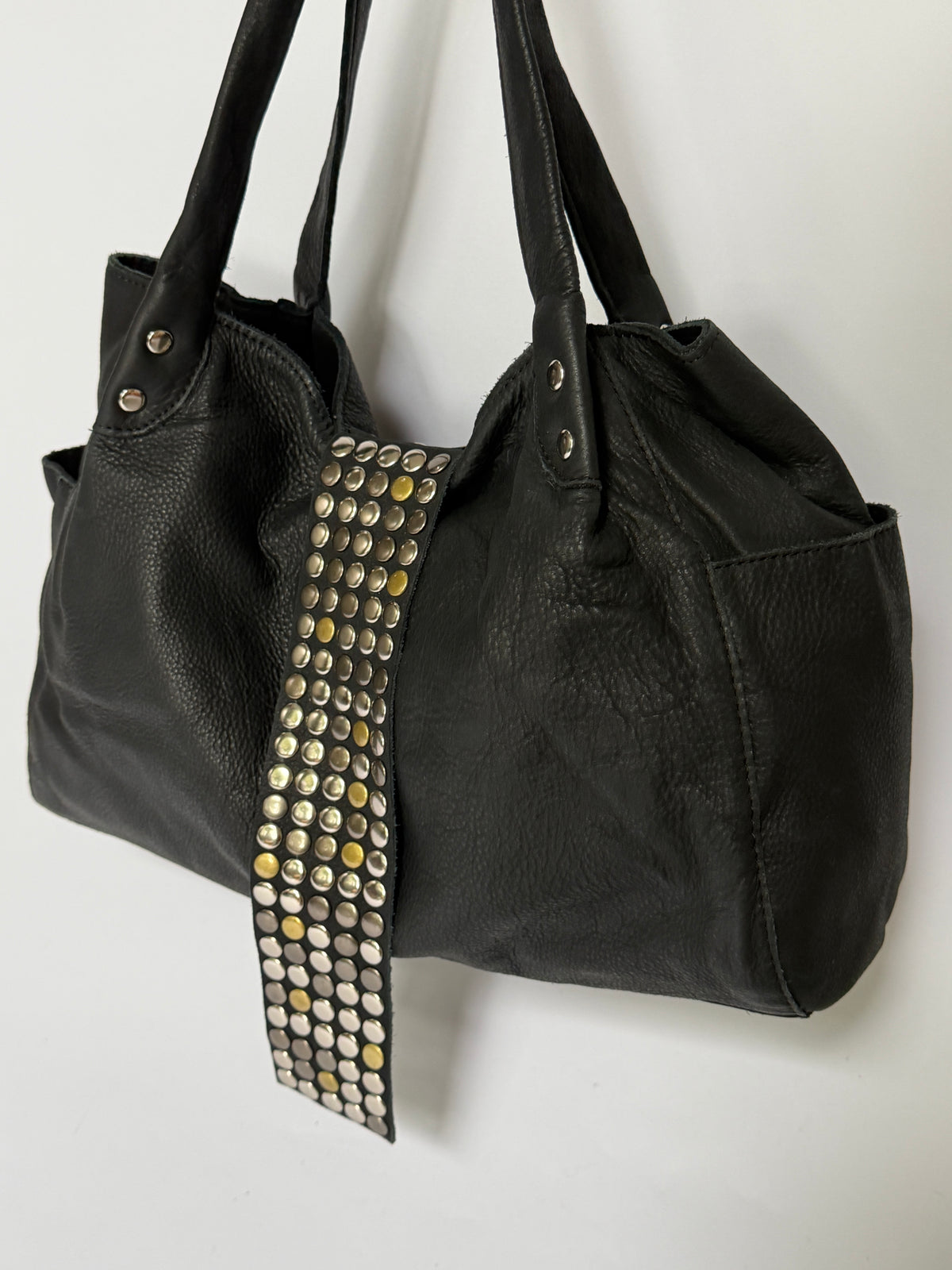 Black Studded Leather Tote Bag