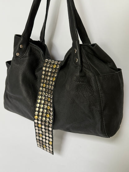 Black Studded Leather Tote Bag