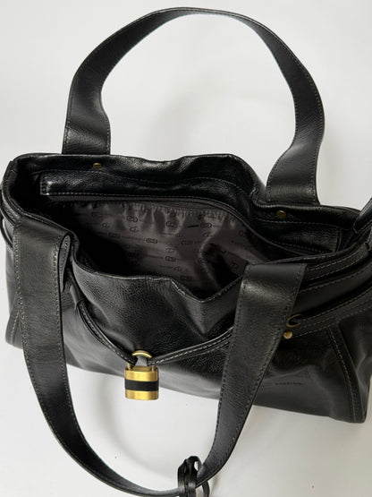 Black Leather Tote Bag with Padlock