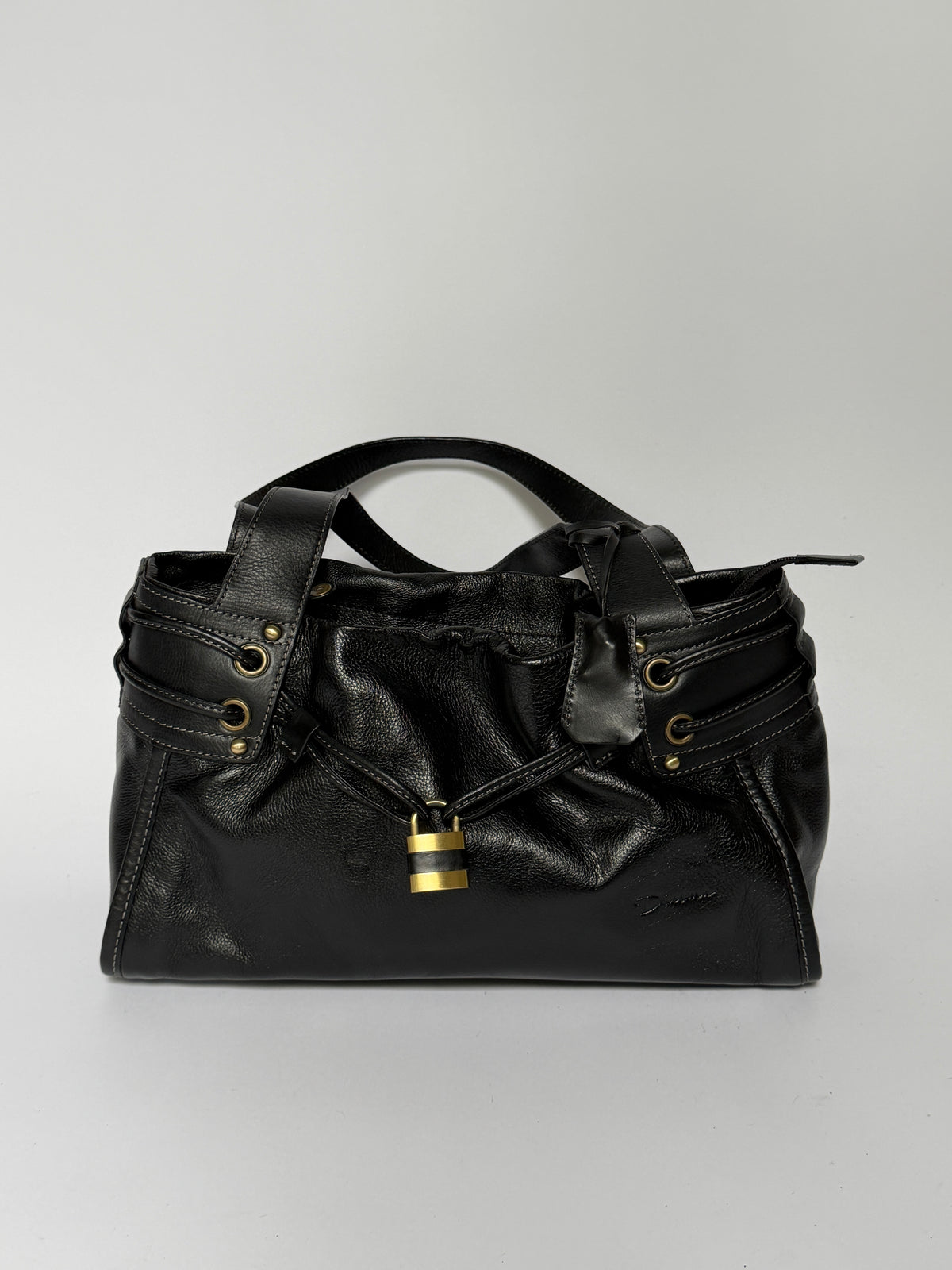 Black Leather Tote Bag with Padlock