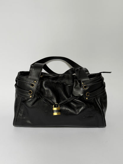 Black Leather Tote Bag with Padlock