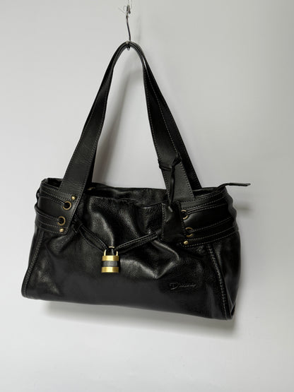 Black Leather Tote Bag with Padlock