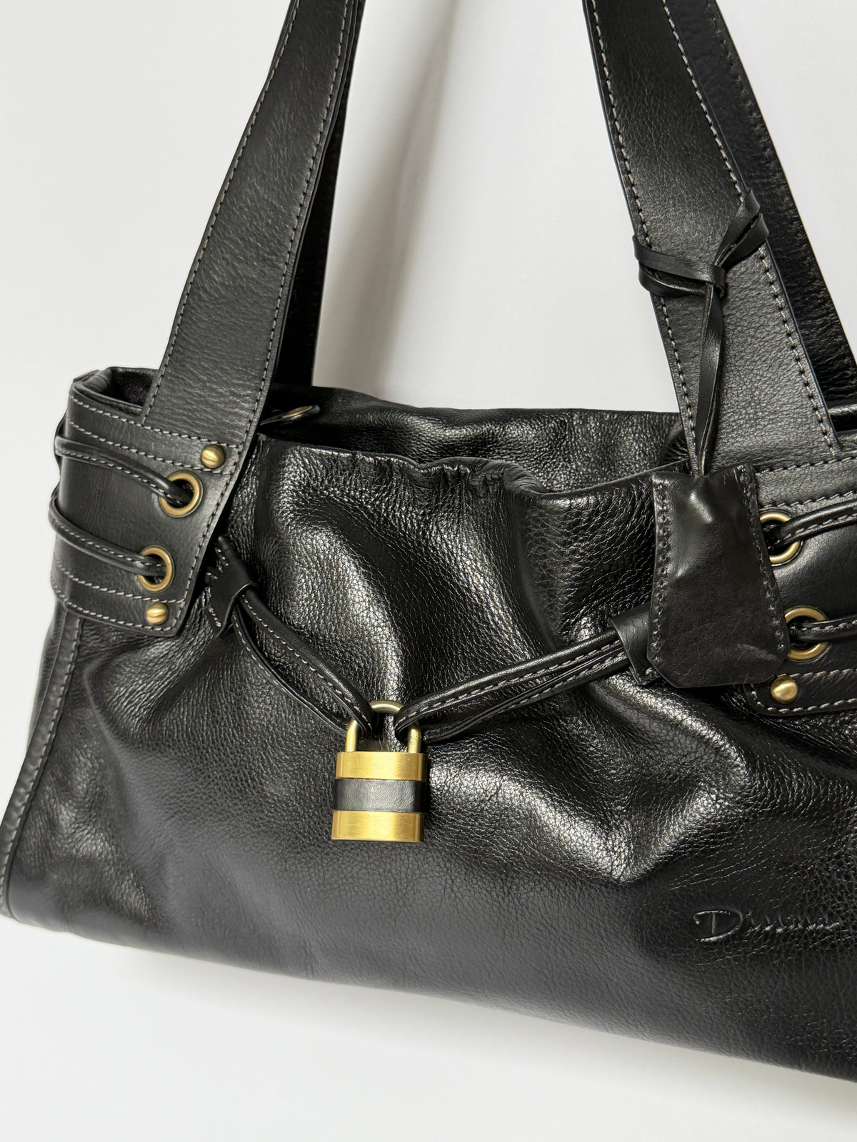 Black Leather Tote Bag with Padlock