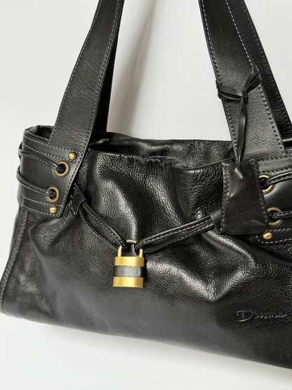 Black Leather Tote Bag with Padlock