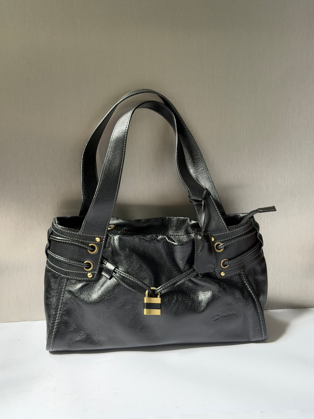 Black Leather Tote Bag with Padlock