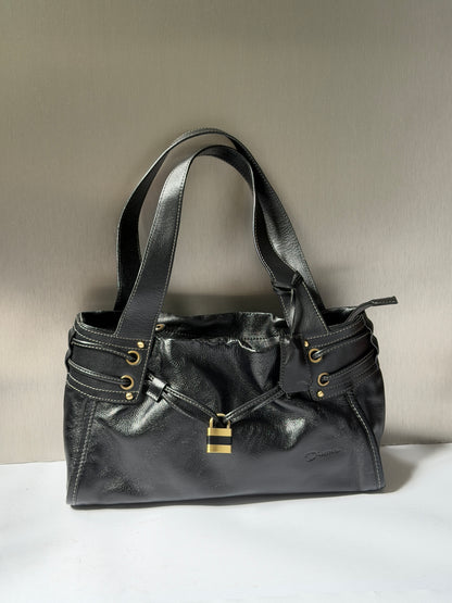 Black Leather Tote Bag with Padlock