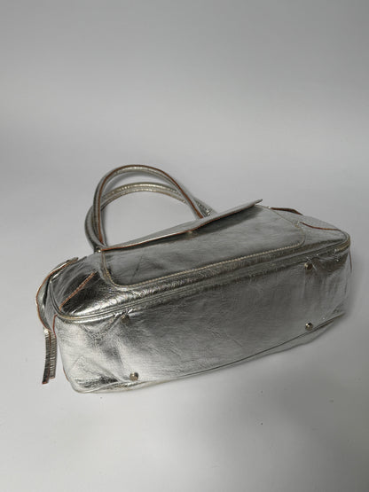 Silver Leather Shoulder Bag with Turquoise Lining