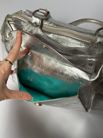 Silver Leather Shoulder Bag with Turquoise Lining