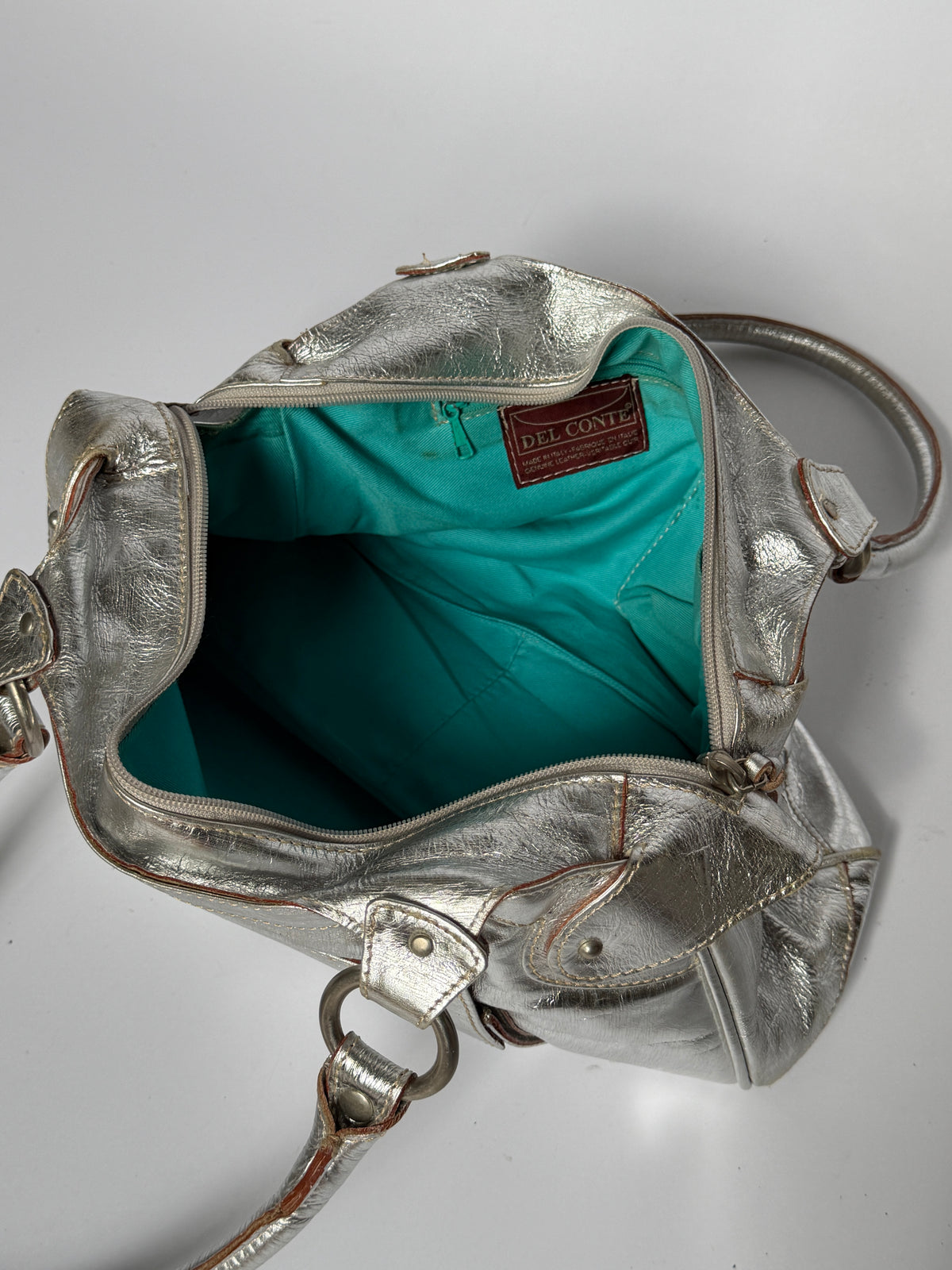 Silver Leather Shoulder Bag with Turquoise Lining