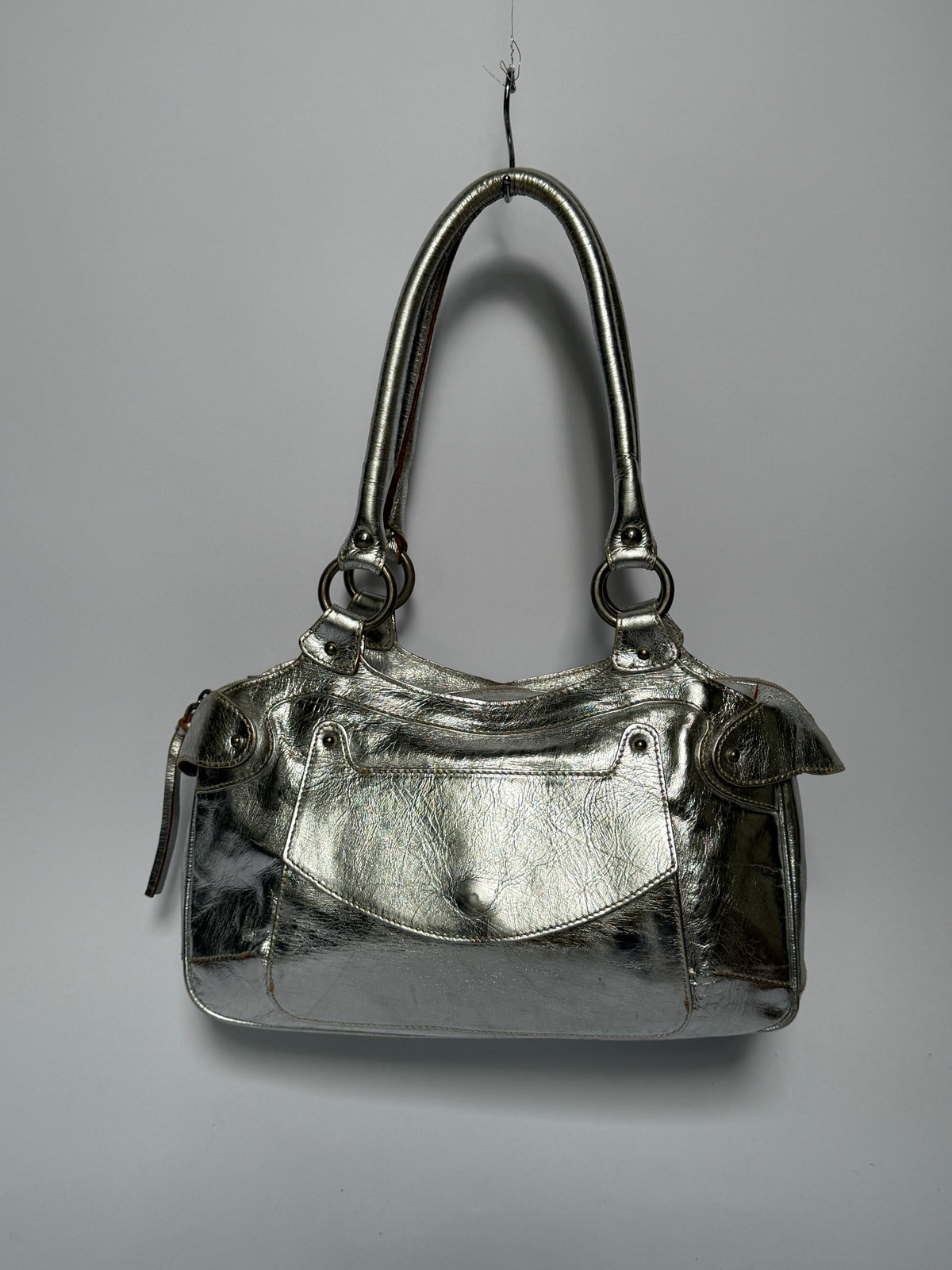 Silver Leather Shoulder Bag with Turquoise Lining