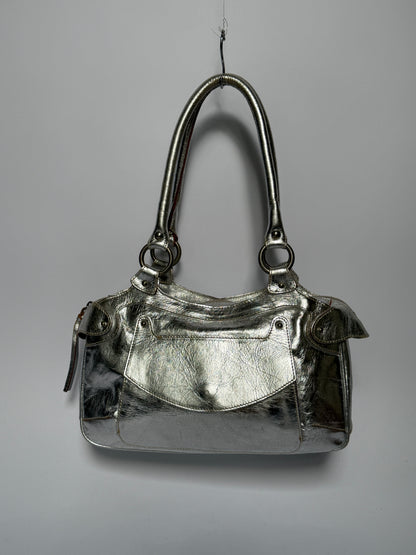 Silver Leather Shoulder Bag with Turquoise Lining