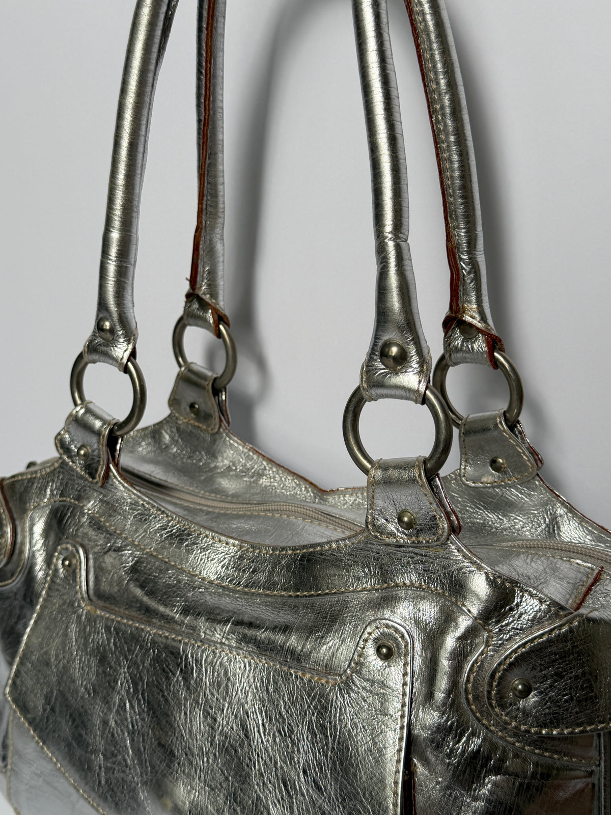 Silver Leather Shoulder Bag with Turquoise Lining
