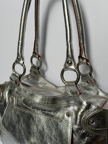 Silver Leather Shoulder Bag with Turquoise Lining