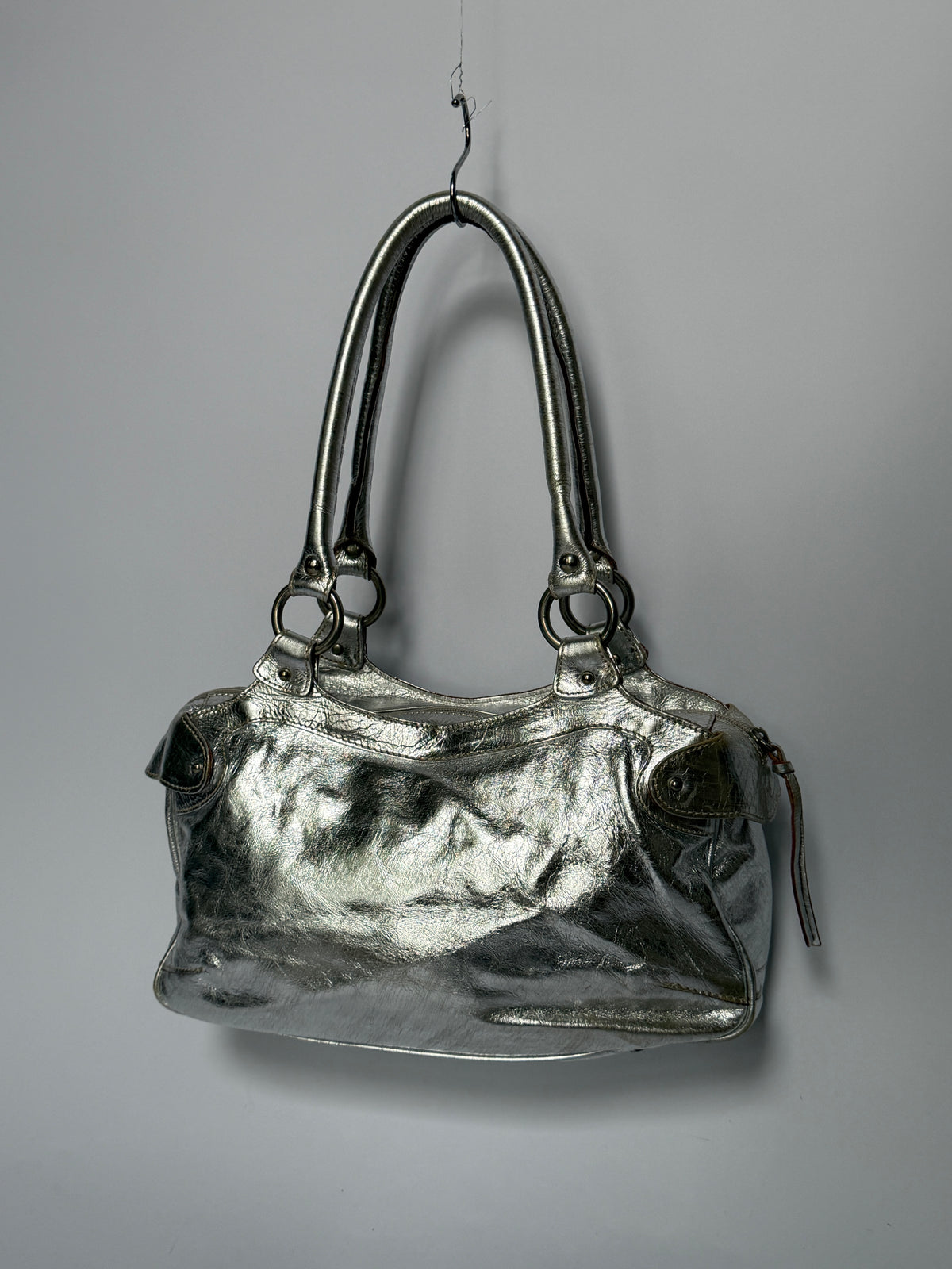 Silver Leather Shoulder Bag with Turquoise Lining