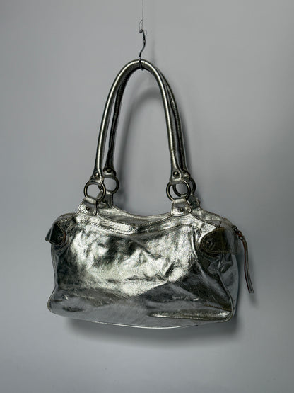 Silver Leather Shoulder Bag with Turquoise Lining