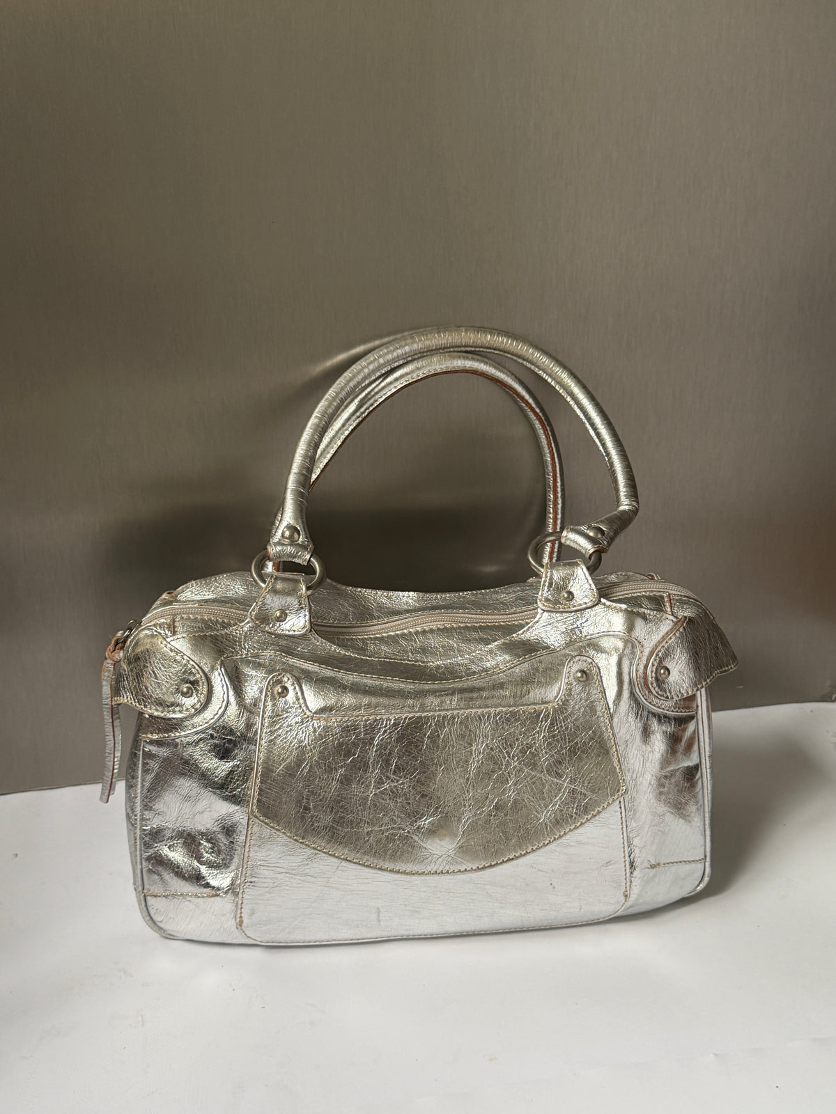 Silver Leather Shoulder Bag with Turquoise Lining