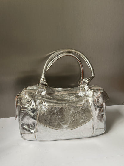 Silver Leather Shoulder Bag with Turquoise Lining