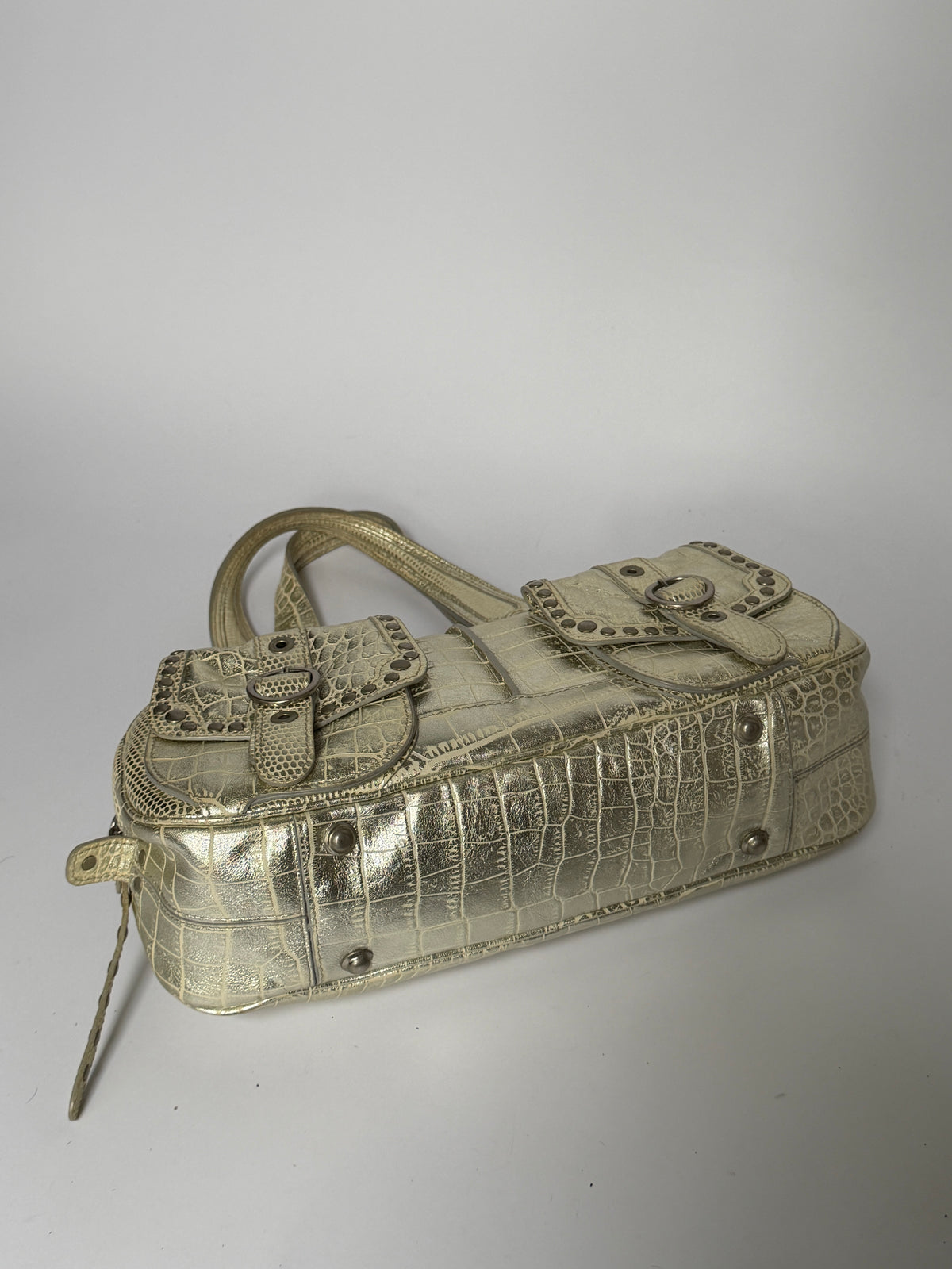 Champagne Gold Croc-Embossed Leather Shoulder Bag