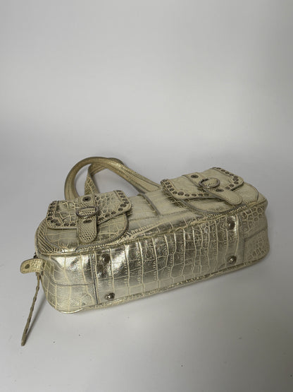 Champagne Gold Croc-Embossed Leather Shoulder Bag