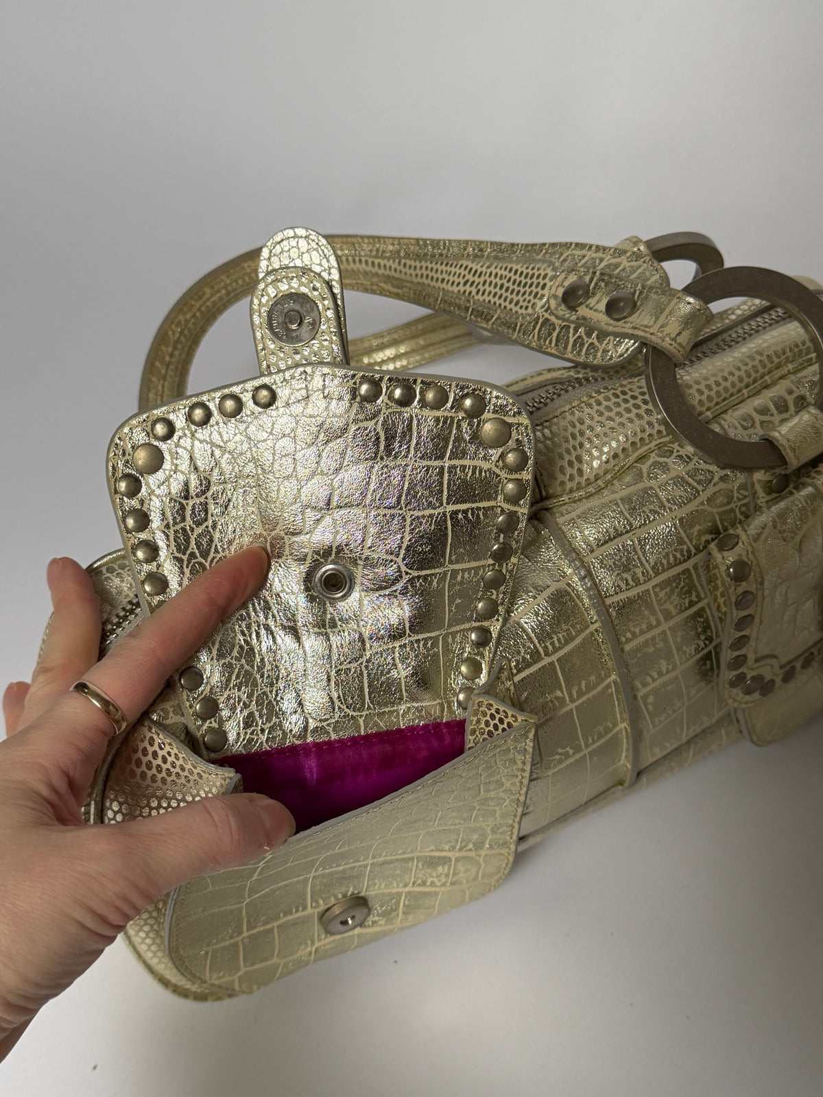 Champagne Gold Croc-Embossed Leather Shoulder Bag