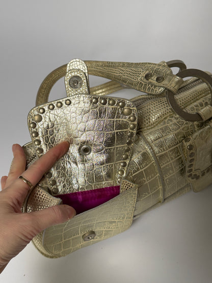 Champagne Gold Croc-Embossed Leather Shoulder Bag
