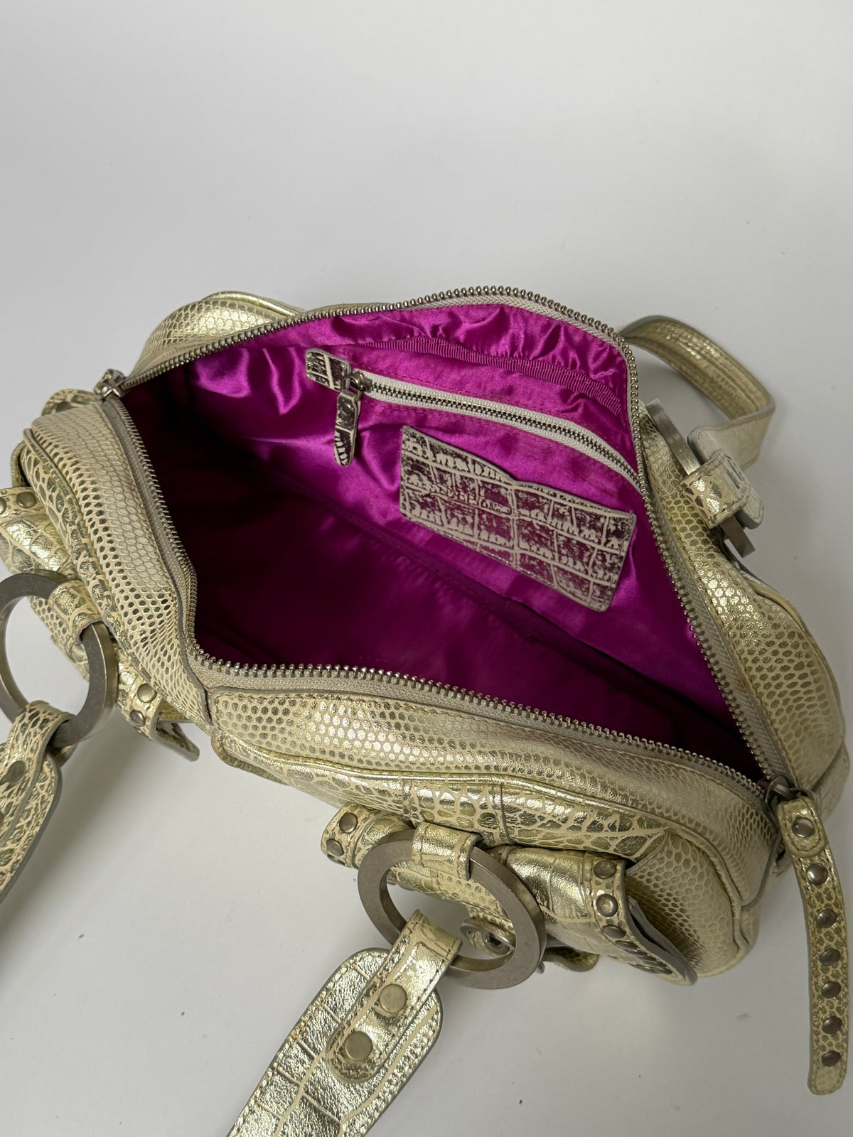 Champagne Gold Croc-Embossed Leather Shoulder Bag