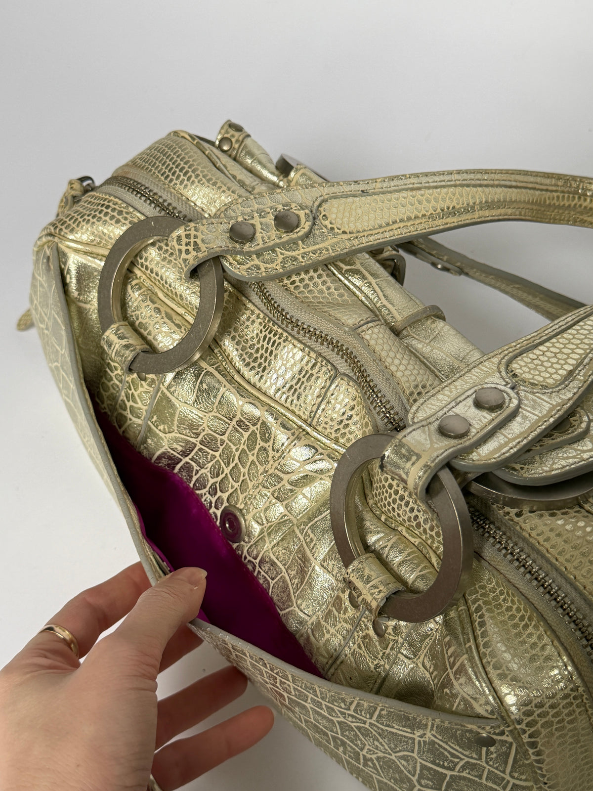 Champagne Gold Croc-Embossed Leather Shoulder Bag
