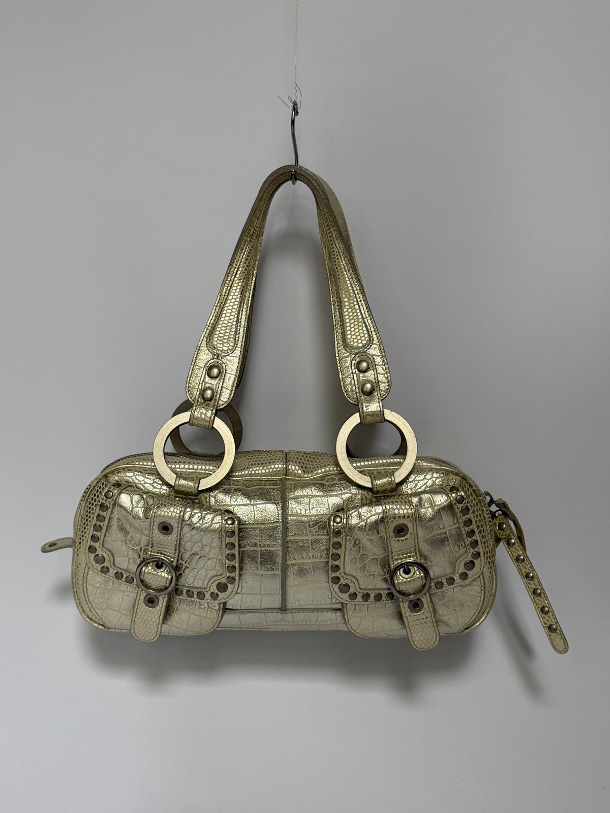 Champagne Gold Croc-Embossed Leather Shoulder Bag