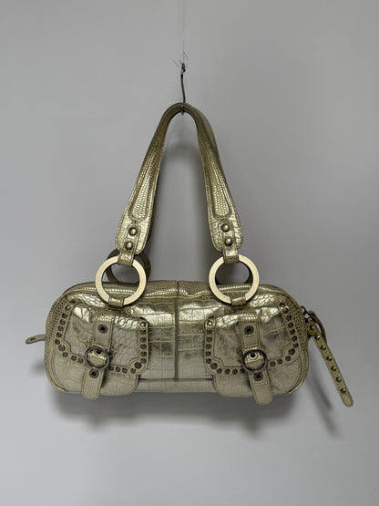 Champagne Gold Croc-Embossed Leather Shoulder Bag