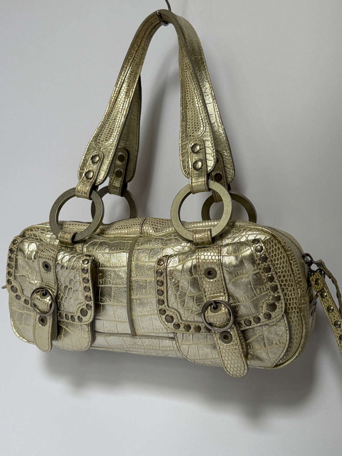 Champagne Gold Croc-Embossed Leather Shoulder Bag