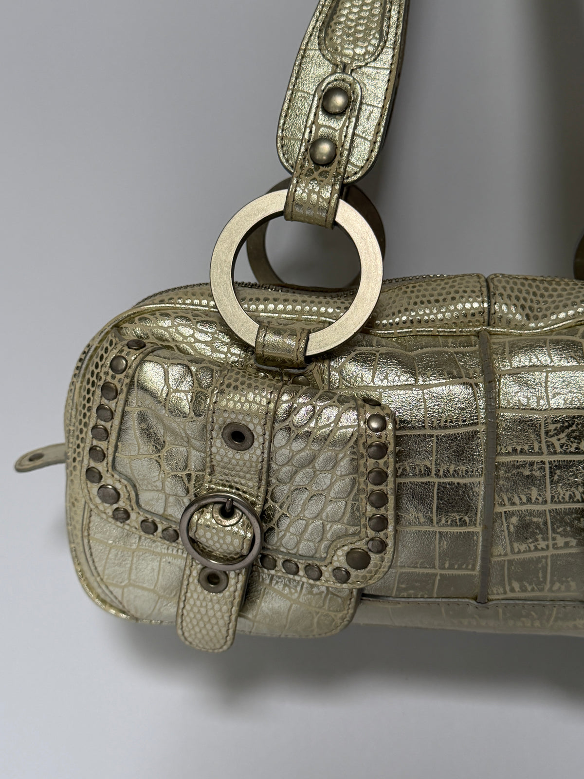 Champagne Gold Croc-Embossed Leather Shoulder Bag