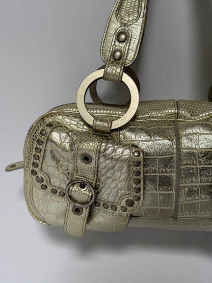 Champagne Gold Croc-Embossed Leather Shoulder Bag