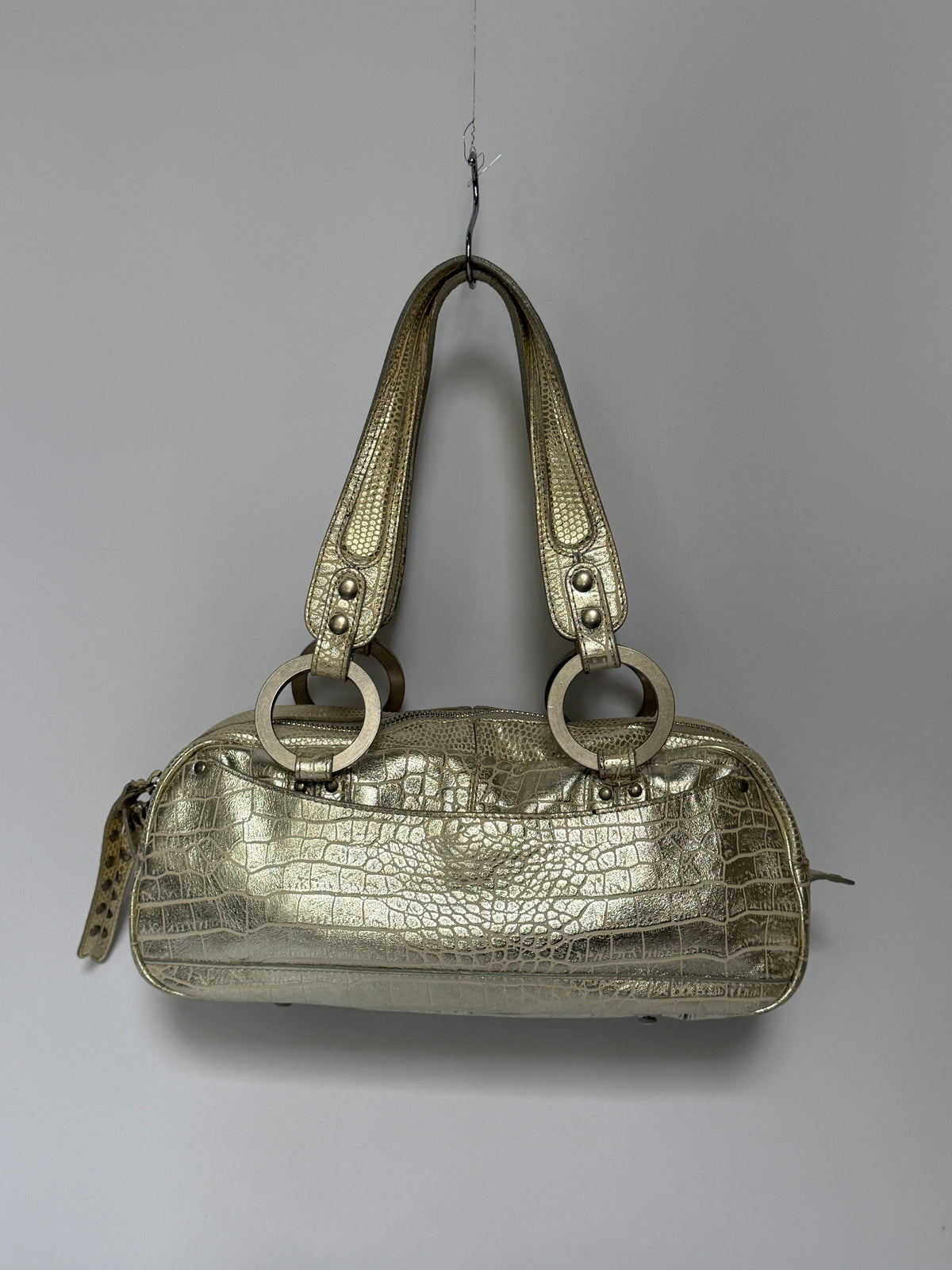 Champagne Gold Croc-Embossed Leather Shoulder Bag