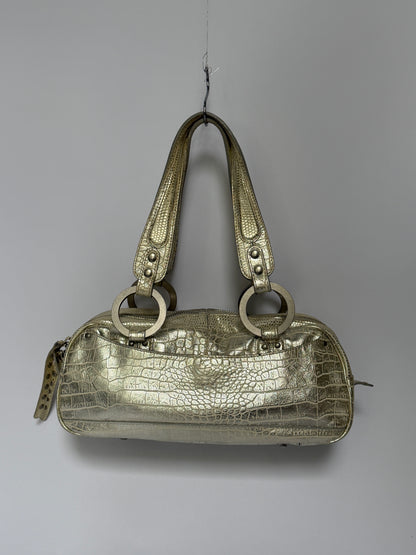 Champagne Gold Croc-Embossed Leather Shoulder Bag
