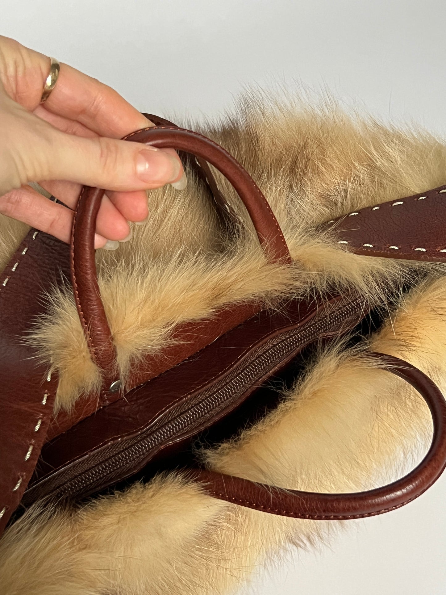 Brown Leather 2Way Fur Bag
