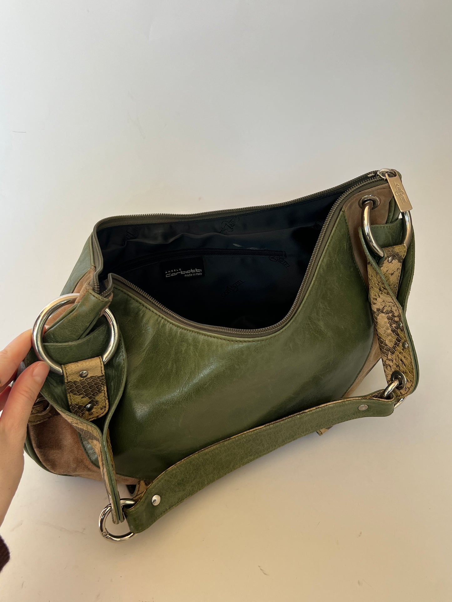 Green Leather and Suede Python Hobo Bag