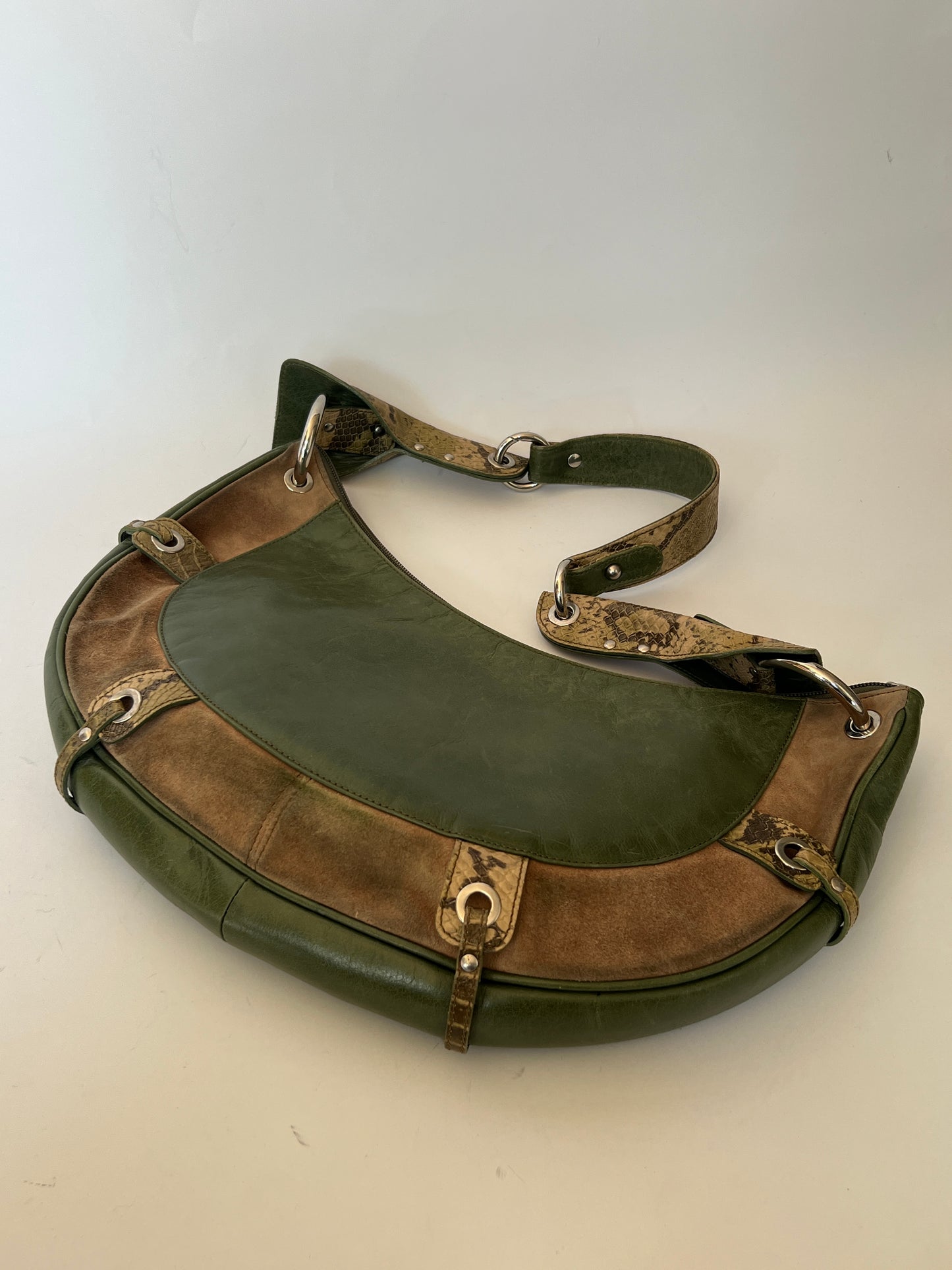 Green Leather and Suede Python Hobo Bag