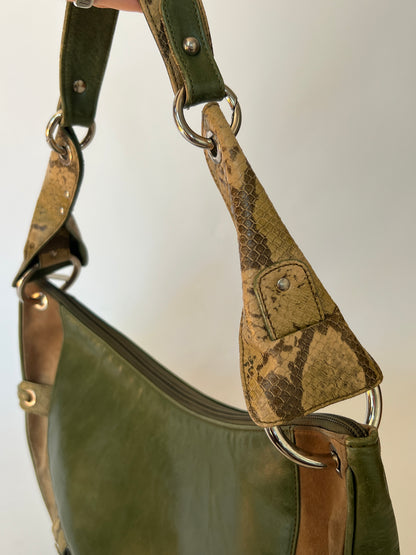 Green Leather and Suede Python Hobo Bag