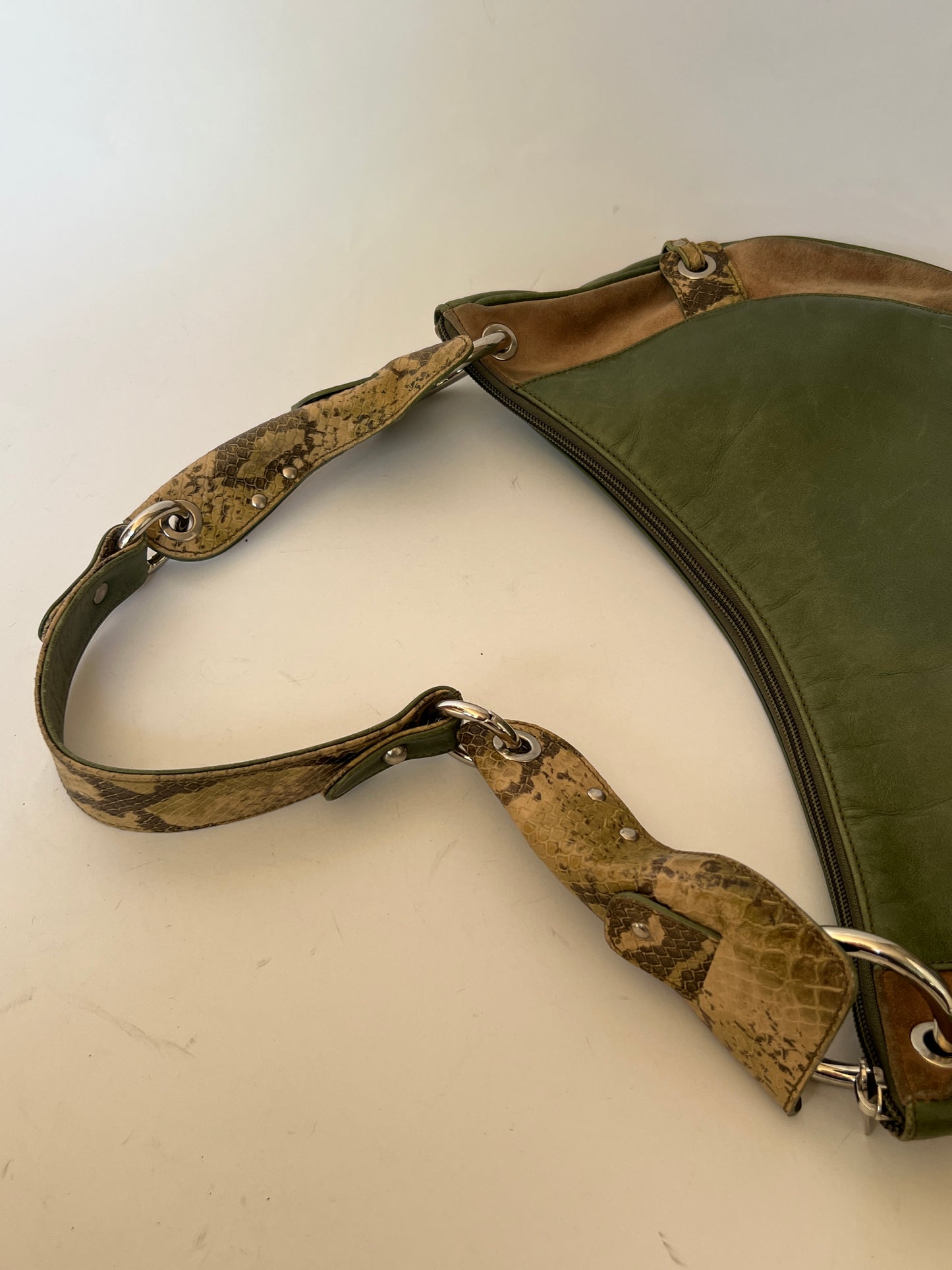 Green Leather and Suede Python Hobo Bag