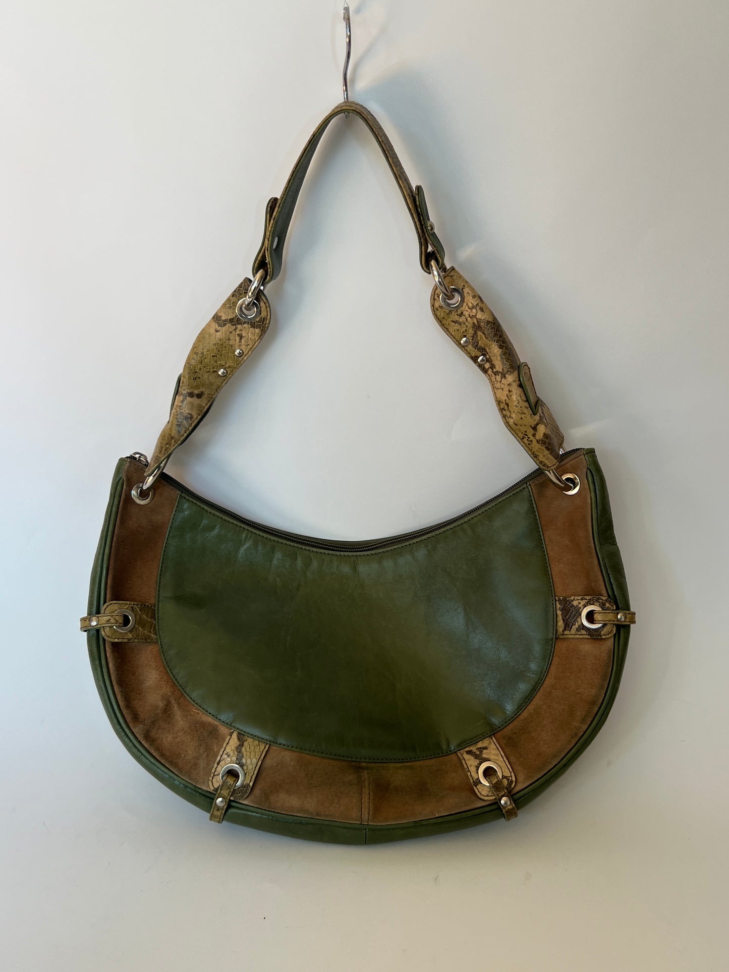 Green Leather and Suede Python Hobo Bag
