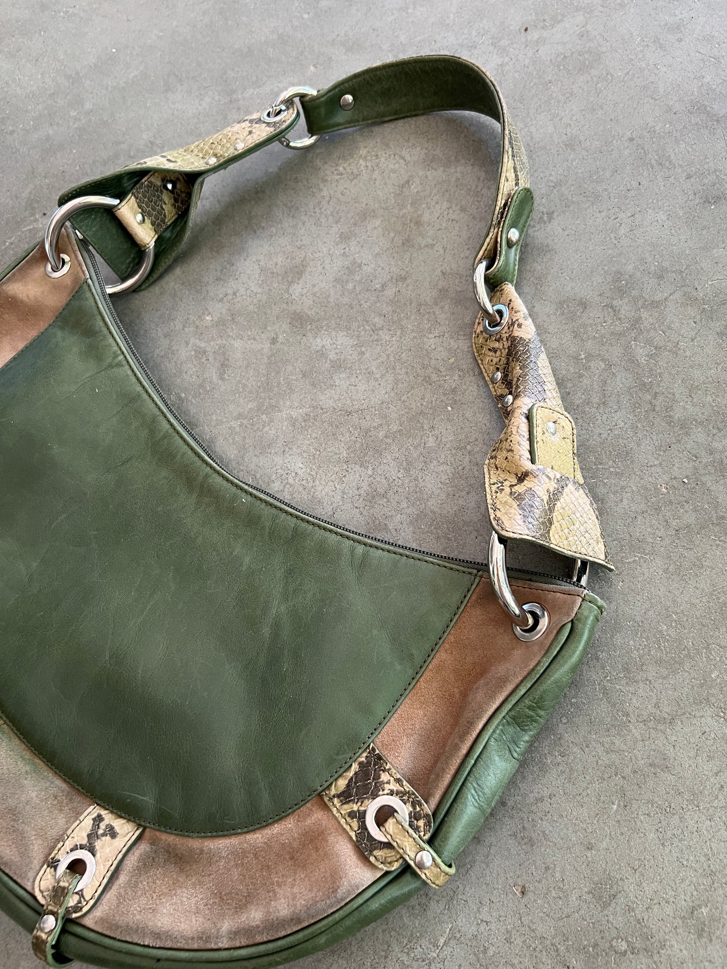 Green Leather and Suede Python Hobo Bag