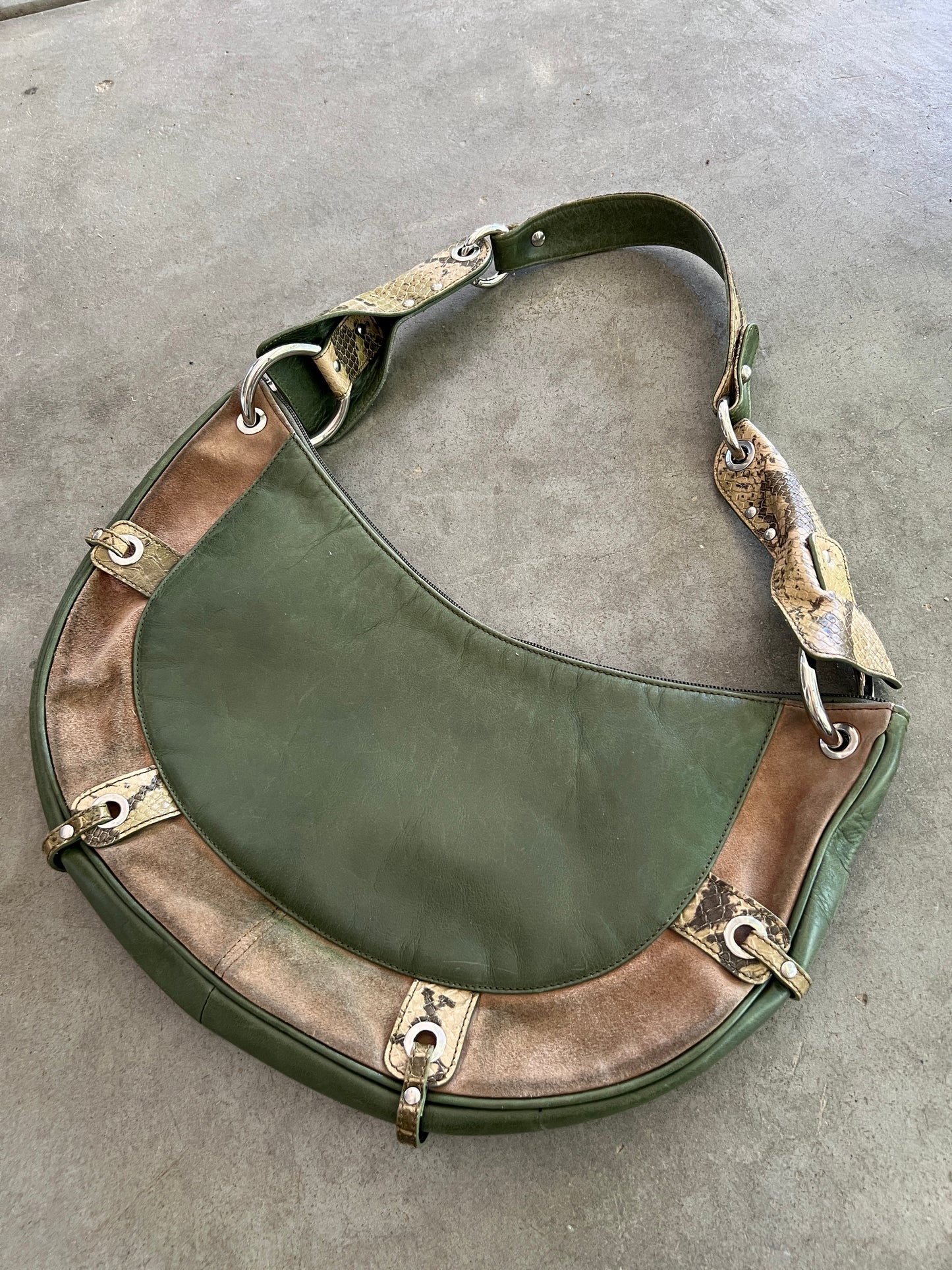 Green Leather and Suede Python Hobo Bag