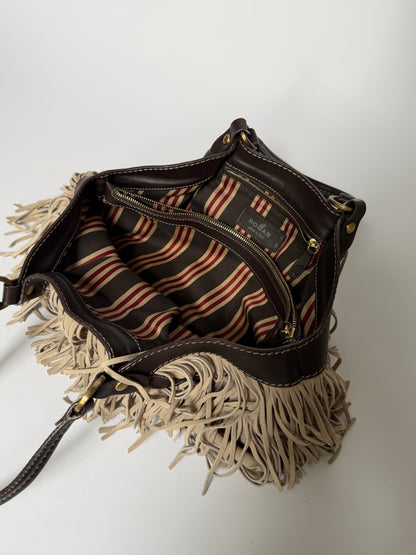 Suede Fringe Shoulder Bag with Striped Lining