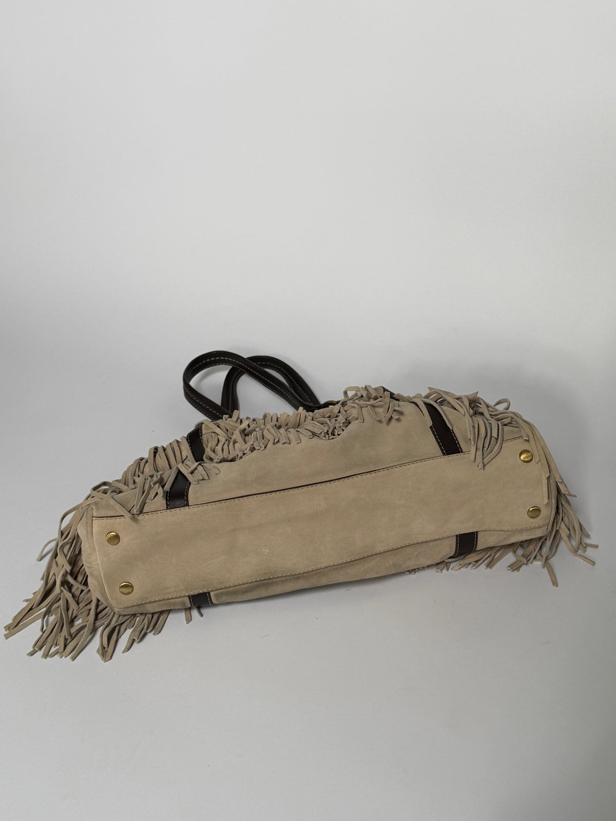 Suede Fringe Shoulder Bag with Striped Lining