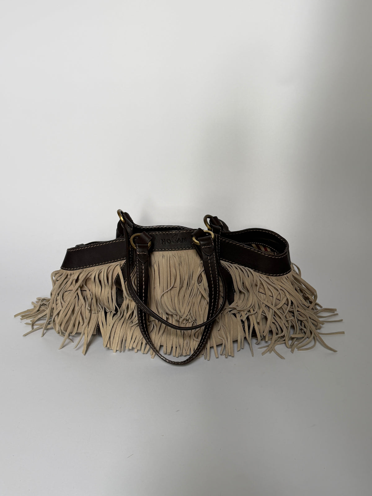 Suede Fringe Shoulder Bag with Striped Lining
