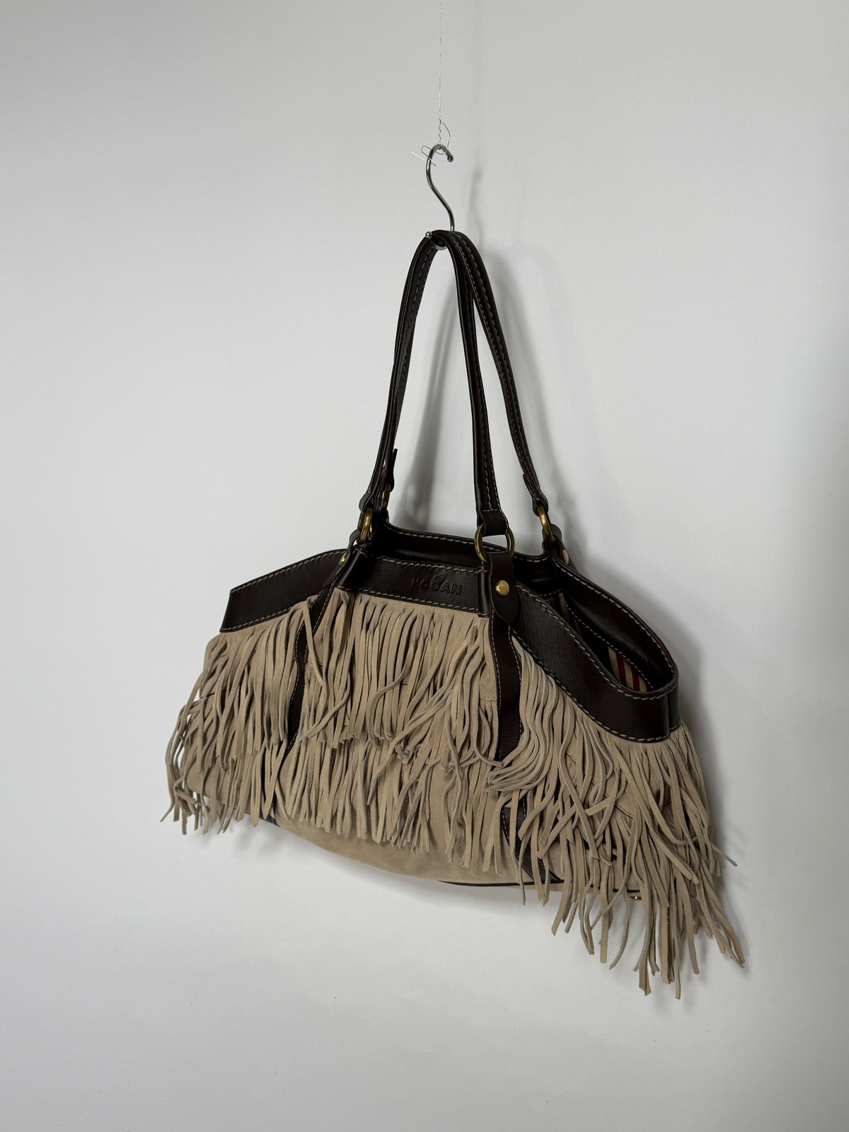 Suede Fringe Shoulder Bag with Striped Lining